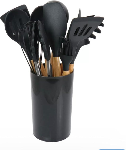 Silicone Kitchen Utensil Set with Wooden Handles – 12 Pieces + Holder, Heat Resistant, Non-Stick Cooking Tools (Multiple Colors (black)