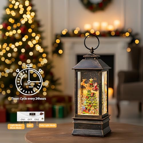 10'' Musical Snow Globe Lantern Lighted Christmas Tree and Flying Santa Water Lantern Swirling Glittering Home Decoration and Gift, Battery Operated or USB Powered