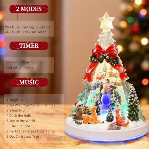 12.8" Animated Christmas Village Crystal Tree with Rotating Skiing Snowman and Lights, Auto 6H Timer and 8 Melodies, USB-DC/Battery Powered Christmas Decorations Collectible Buildings