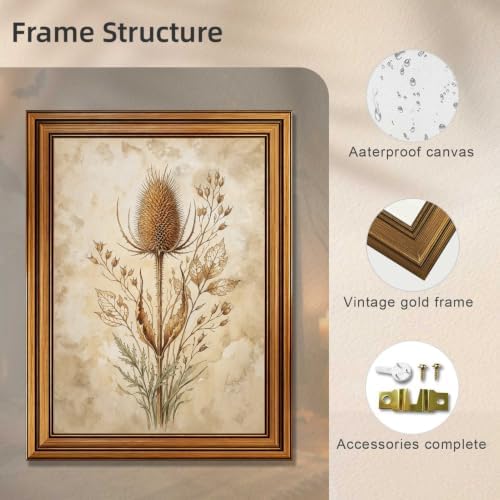 Halloween Thistle Botanical Wall Art, Gold Vintage Framed Moody Print