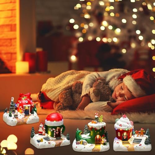 Holiday Seasonal Musical House Resin Ornament with Colorful LED Light Christmas Rotating Figurines Statue Desktop Decors LED Light Christmas Ornament