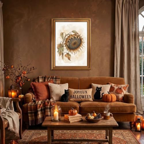 Sunflower Halloween Wall Art, Gold Vintage Framed Moody Botanical Print