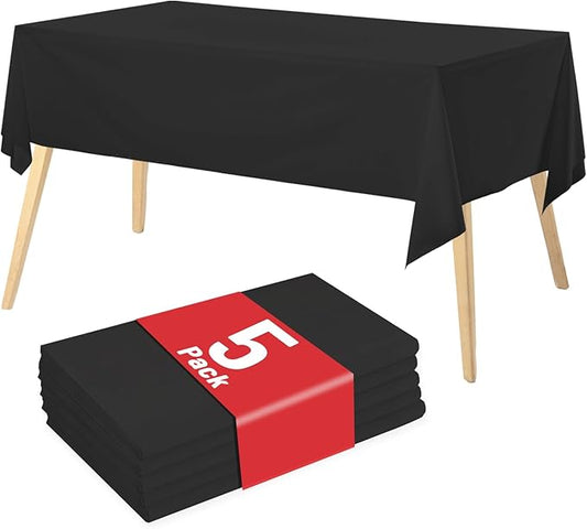 Plastic Table Cloth Disposable, 5 Packs Disposable Tablecloth 54 X 108 Inch Black Plastic Tablecloth for Rectangle Tables Tougher PEVA Table Cover for Party Decorations Picnic Dining Birthday