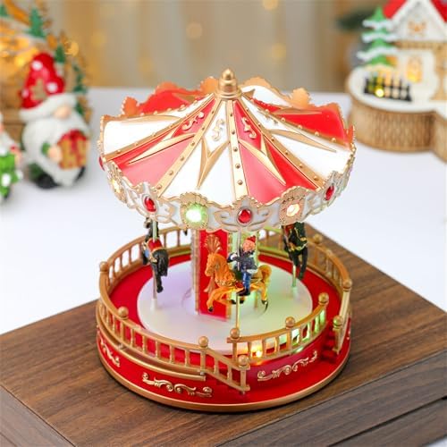 Christmas Carousels Ornament with LED Light and Classical Melodies for Seasonal Desktop Decors Festivals Party Present Battery Powered Rotating Holiday Music Box