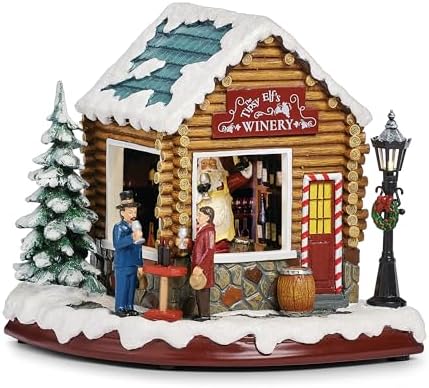 Roman LED Musical Tipsy Elf Winery Christmas Village, 8.5" Amusments, Lighted Holiday Scene with Rotating Feature, USB or Battery Operated