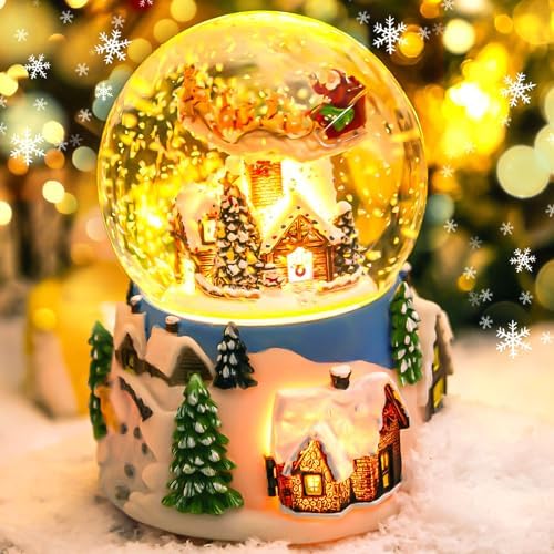 Christmas Snow Globe Music Box with Santa Flying Over Village, Lighted Musical Christmas Decoration with Snowfall Glitter Effect, 14 Christmas Melodies, Holiday Tabletop Mantel Decor