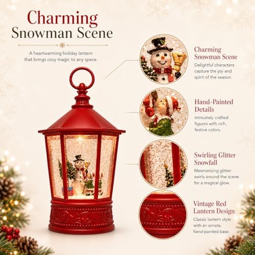 Snowman Christmas Snow Globe Lantern, 10.5" Lighted Musical Water Lantern with Swirling Glitter, 8 Christmas Songs, USB & Battery Operated, 6H Timer, Vintage Red Tabletop Christmas Decor
