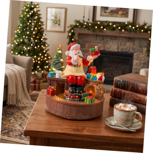 Resin Santa Claus Music Box and LED Warm Light with Rotating Train Figurine Battery Operated Christmas Musical Box Ornament for Indoor Celebrations and Window Displays