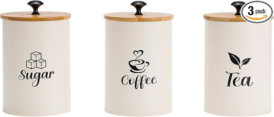 3 Pack Kitchen Canisters with Bamboo Lids, Metal Canister Set for the Kitchen Counter, Airtight Coffee Container Tea Organizer & Sugar Canister, Rustic Kitchen Decor Containers-Beige