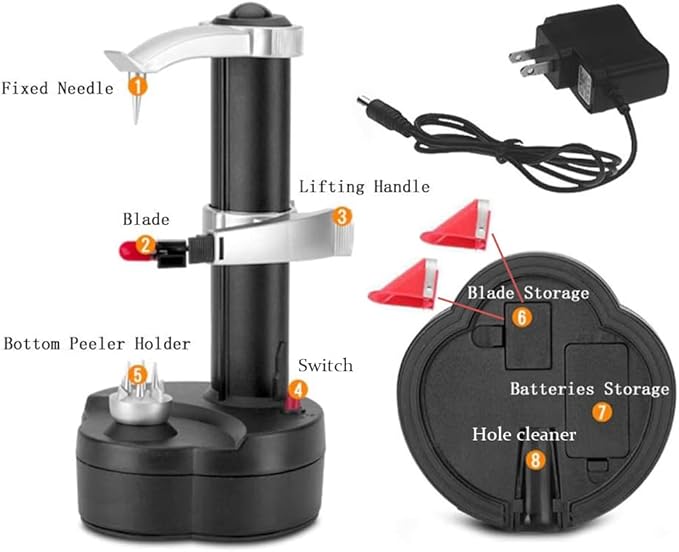 Electric Potato Peeler Automatic Apple Peeler, Smart Vegetable Fruit Peeler, Electric Peeler Machine [1 Adapter 2 Extra Blades] with Garlic Peeler