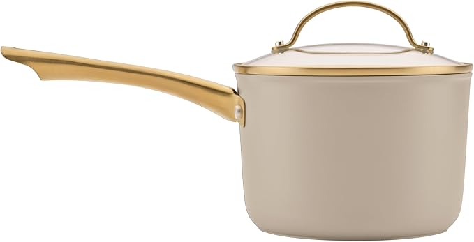 Farberware Forged Induction Ceramic Nonstick Pots and Pans Set with Cooking Tools, Dishwasher Safe, Gold Color Stainless Steel Handles, 12 Piece Cookware Set - Taupe