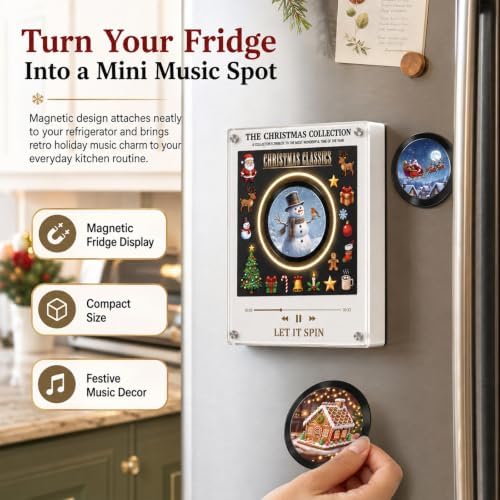 Refrigerator Music Player, Magnetic Refrigerator MP3 Music Box with 9 CDs, Rotating Vinyl Disc, LED Ambient Light, USB-C Customizable Song Player, Christmas Kitchen Decor Gift
