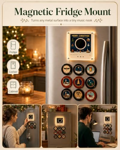 Magnetic Fridge Vinyl Music Box Christmas - 128MB NFC Magnetic Fridge Music Player with 9 Vinyl Style Discs & LED Light, Mini Vinyl Record Player for Holiday Home Display & Gifting，A