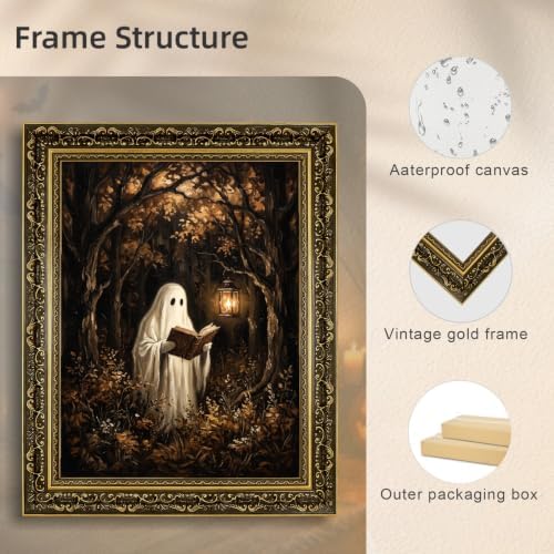 Gold Vintage Framed Ghost Reading Book Wall Art, Spooky Halloween Decor