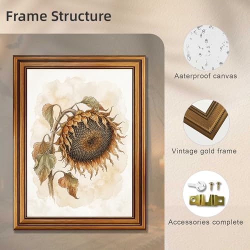 Sunflower Halloween Wall Art, Gold Vintage Framed Moody Botanical Print