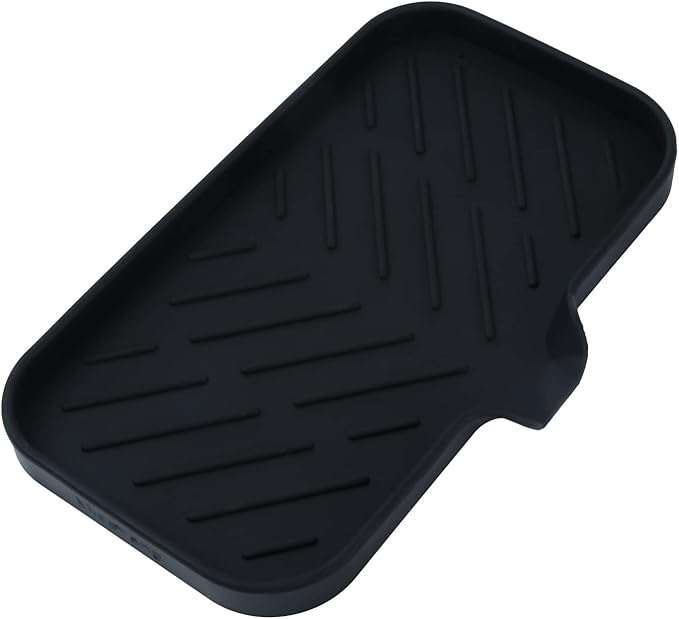 MicoYang Silicone Soap Dish with Drain Spout — Self-Draining Sink Organizer Tray for Bathroom & Kitchen, Sponges, Dispensers & Soap Holder, Non-Slip & Dishwasher Safe, Black (Medium, 9.6"×5.3")