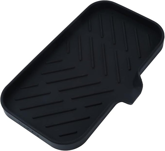 MicoYang Silicone Soap Dish with Drain Spout — Self-Draining Sink Organizer Tray for Bathroom & Kitchen, Sponges, Dispensers & Soap Holder, Non-Slip & Dishwasher Safe, Black (Medium, 9.6"×5.3")