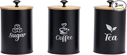 3 Pack Kitchen Canisters with Bamboo Lids, Metal Canister Set for the Kitchen Counter, Airtight Coffee Container Tea Organizer & Sugar Canister, Rustic Kitchen Decor Containers-Black