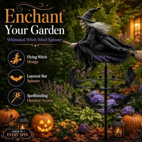 2pcs The Enchanted Witch Garden Wind Spinner, Flying Witch & Bat Design