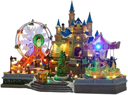 Christmas Village House, with Flying Reindeer, Rotating Christmas Tree,Animated Christmas Village, Carousel and Ferris Wheel, LED Lights 59x37x47cm