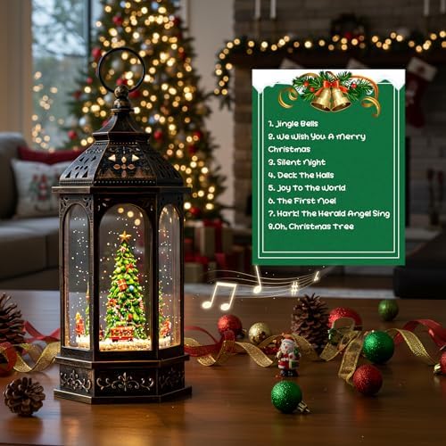 VISFLAIR 12.8'' Christmas Snow Globe, Santa Train Will Rotate Around The Christmas Tree with Musics Swirling Glitter Water Lantern Decoration for Home, Battery Operated or USB Powered