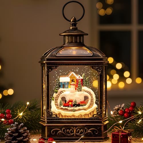 VISFLAIR Christmas Village Snow Globe Lantern Musical Lighted Mountain Village Snowman & Train Water Lantern in Swirling Glitter, Christmas Home Decoration and Gift, Battery Operated or USB Powered