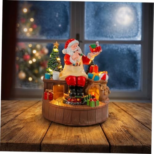 Rotating Resin Santa Claus Musical Christmas Light Box with LED Warm Light and Moving Train Figurine, Battery Operated for Indoor Holiday Celebrations and Festive Home Décor