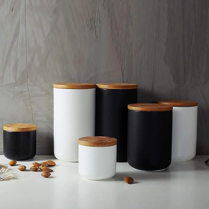 MilkyWay Food Storage Jar Strong Ceramic Storage Canisters with Airtight Seal Bamboo Lid Modern Design Seal Damp-Proof Kitchen Jar for Coffee, Tea, Spice and More (Black(S: 8.7oz/260ml))