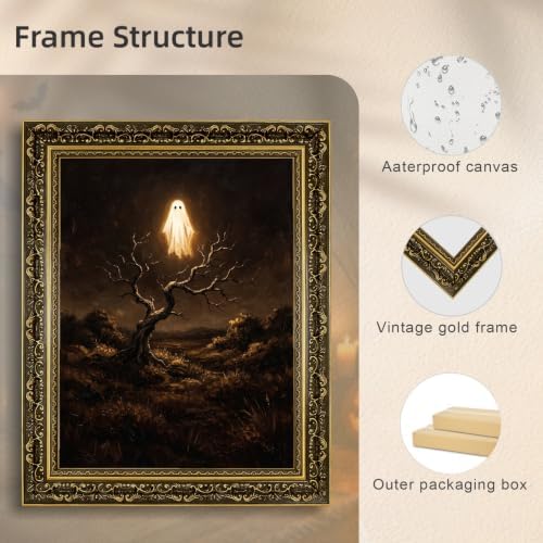 Gold Vintage Framed Ghost Wall Art, Spooky Halloween Nature Poster