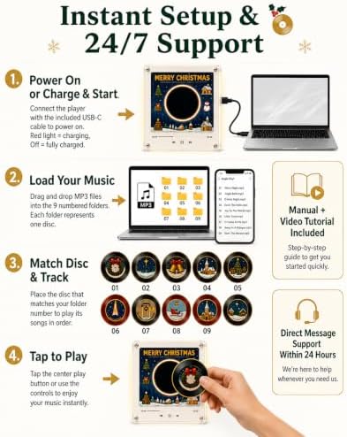 Magnetic Fridge Vinyl Music Box Christmas - 128MB NFC Magnetic Fridge Music Player with 9 Vinyl Style Discs & LED Light, Mini Vinyl Record Player for Holiday Home Display & Gifting，A