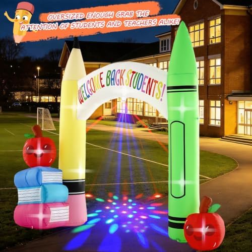 10FT Back to School Inflatable Archway Outdoor Decoration with Color Rotating Lights, Waterproof Blow Up Pencil Yard Lawn Patio First Day of School Party Decoration for Kindergarten Elementary School