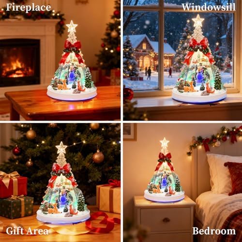 12.8" Animated Christmas Village Crystal Tree with Rotating Skiing Snowman and Lights, Auto 6H Timer and 8 Melodies, USB-DC/Battery Powered Christmas Decorations Collectible Buildings
