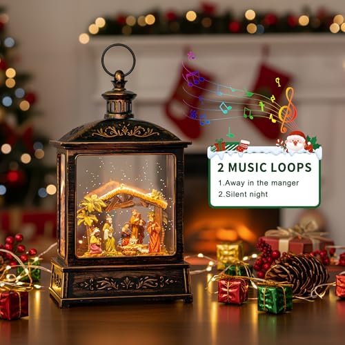 12.5'' Christmas Snow Globe Lighted Manger Nativity Scene, Musical Water Lantern Play Silent Night Music in Swirling Glitter, for Home, Battery Operated or USB Powered