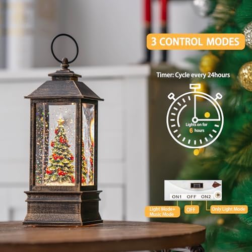 VISFLAIR 10'' Lighted Christmas Tree Cardinal Music Snow Globe Water Lantern with Swirling Glitter Decoration for Christmas Home, Living Room, Battery Operated or USB Powered