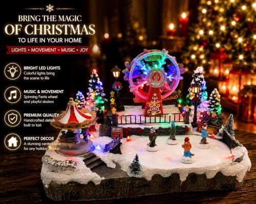 Christmas Village, Animated Carnival Led Rotating Carousel, Rotating Ferris Wheel & Ice Skating Rink