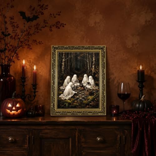 Gold Vintage Framed Ghost Picnic Wall Art, Whimsical Halloween Forest Print