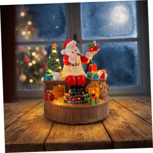 DOITOOL Musical Box and LED Warm Light with Rotating Santa Figurine Christmas Resin Xmas Music Box Battery Operated Glowing Centerpiece for Indoor Holiday Setting