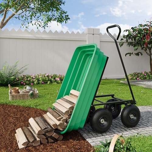 Heavy-Duty 600 lb Garden Dump Cart with 4 Cu.Ft. Capacity, 180° Pivoting Handle & 10" All-Terrain Wheels – Green Bucket with Black Iron Frame
