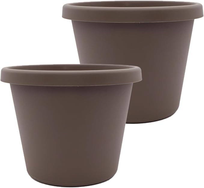 The HC Companies 10 Inch Prima Round Planter Pots with Drainage Holes and Rolled Rim, Lightweight UV-Resistant Plastic Indoor & Outdoor Planters, 2-Pack Flower Pots for Garden & Home Decor, Cappuccino