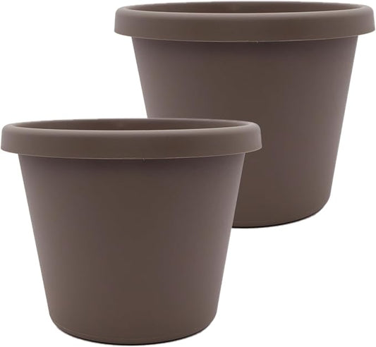 The HC Companies 14 Inch Prima Round Planter Pots with Drainage Holes and Rolled Rim, Lightweight UV-Resistant Plastic Indoor & Outdoor Planters, 2-Pack Flower Pots for Garden & Home Decor, Cappuccino