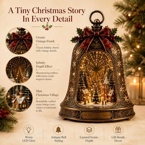 Christmas Village Infinity Bell - Lighted 3D Holiday Decor - Versatile Mantel Tabletop Decoration Rotating Snowy Tree, Easy Hanging Display, Warm Seasonal Style, Gift-Ready Appeal ForHome Entry，2pcs