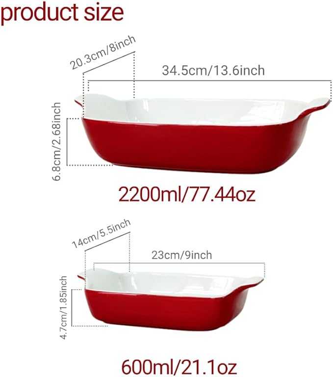 Domini Casserole Dishes for Oven, Ceramic Baking Dishes for Oven Set of 2, Lasagna Pan Deep, Baking Pan Set Square Casserole Dish Set with Handles for Baking, Pattern Red(13.6+9inch) Christmas