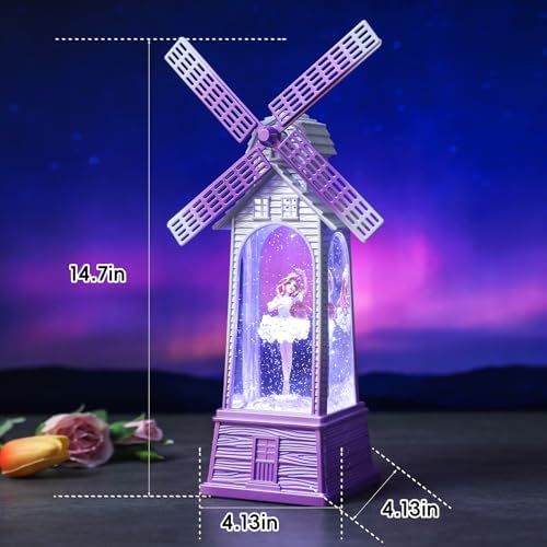 Windmill Christmas Snow Globes Ballerina, Rotating Shatterproof Music Box