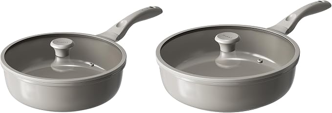 Redchef Deep Ceramic Frying Pan with Lid, Nonstick Saute Pan Cookware All Cooktop Compatibility, Stay-Cool Handles, PFOA Free, Healthy Coating, Tempered Glass Cover, Even Heat, Grey
