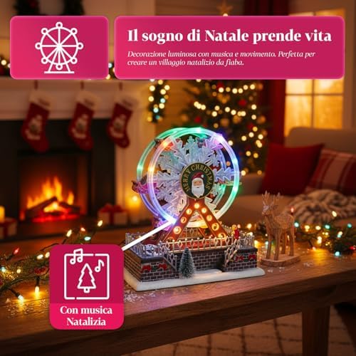 Avilia Joywheel Animated Ferris Wheel for Christmas Village, Christmas Carousel with Colorful LED Lights and Music, Battery Operated Hand Painted Decoration for Home, Table or Unique Holiday Gift