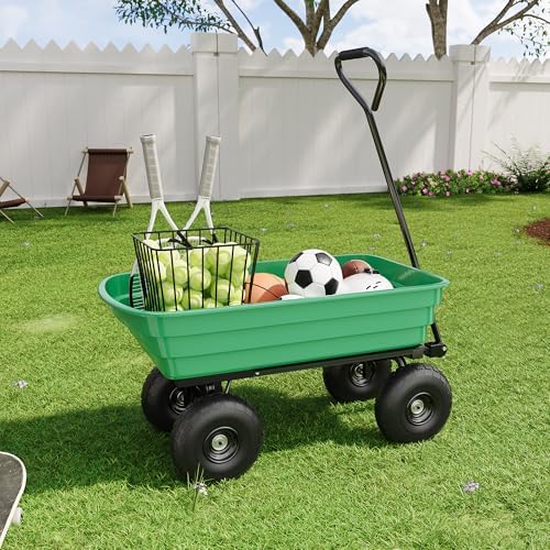 Heavy-Duty 1200 lb 6 Cu.Ft. Garden Dump Cart with 4-Wheel All-Terrain Design, 180° Pivot Handle & Quick-Release Tipping – Green Bucket with Black Iron Frame