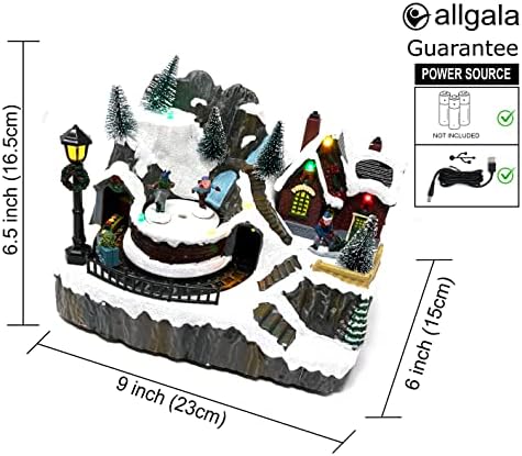 allgala Crafted Polyresin Christmas House Collectable Figurine with USB and Battery Dual Power Source-Moving Train and Skaters-XH93445
