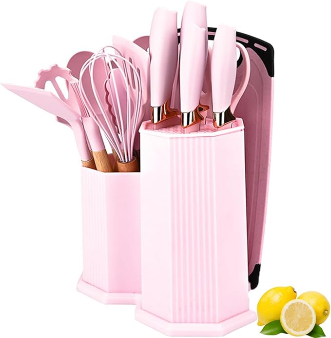 Kitchen Cooking Utensils and Knife Set with Holder Block, 19 Pieces Cooks Cutting Set 11 Pcs Silicone Cooking Utensils Sharp Stainless Steel Knives Scissors Whisk Tongs and Cutting Board (Black)