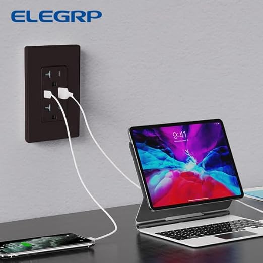ELEGRP USB Charger NEMA 5-20R Wall Outlet, USB A & C Ports, Tamper Resistant, 20A, Matte Brown, UL Listed, 6 Pack
