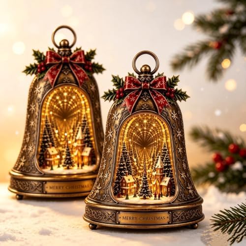 Lighted 3D Christmas Village Infinity Bell for Mantel Mirror
